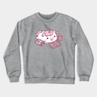 Cute Unicorn Chilling With Manga Chips And Boba Tea Crewneck Sweatshirt